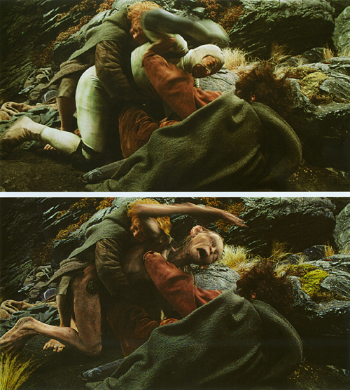 Top: Scene of Frodo and Sam wrestling Gollum as originally shot with Andy Serkis in unitard.Bottom: After application of CGI
